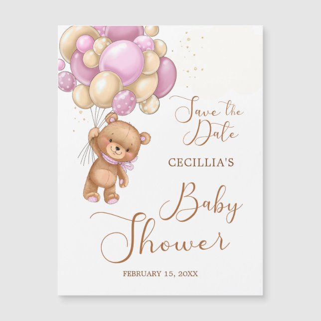 Bear Pink Balloons Baby Shower Save the Date (Front)