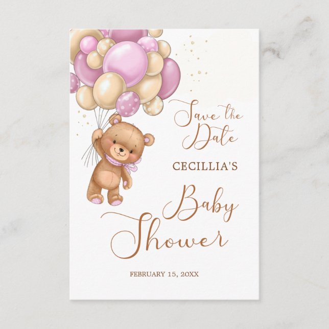 Bear Pink Balloons Baby Shower Save the Date Enclosure Card (Front)