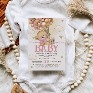 Bear Pink Balloons Bearly Wait Girl Baby Shower  Invitation