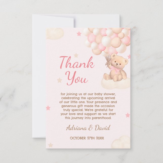 Bear Pink Balloons Girl Baby Shower Thank You Card (Front)