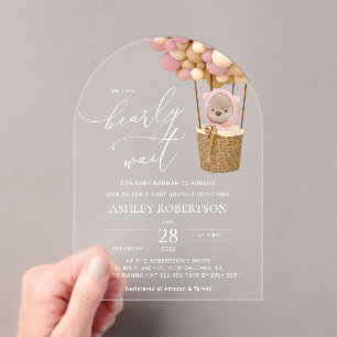 Bear, Pink Balloons, Hot Air Balloon, Baby Shower Acrylic Invitations