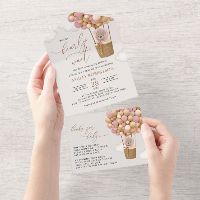 Bear, Pink Balloons, Hot Air Balloon, Baby Shower All In One Invitation (Tearaway)