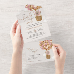 Bear, Pink Balloons, Hot Air Balloon, Baby Shower All In One Invitation