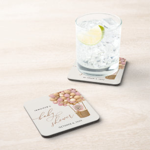 Bear, Pink Balloons, Hot Air Balloon, Baby Shower Coaster