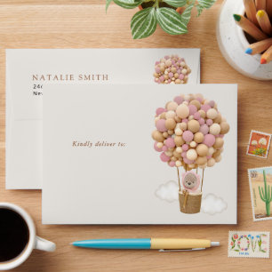 Bear, Pink Balloons, Hot Air Balloon, Baby Shower Envelope