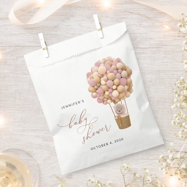 Bear, Pink Balloons, Hot Air Balloon, Baby Shower Favour Bags (Clipped)