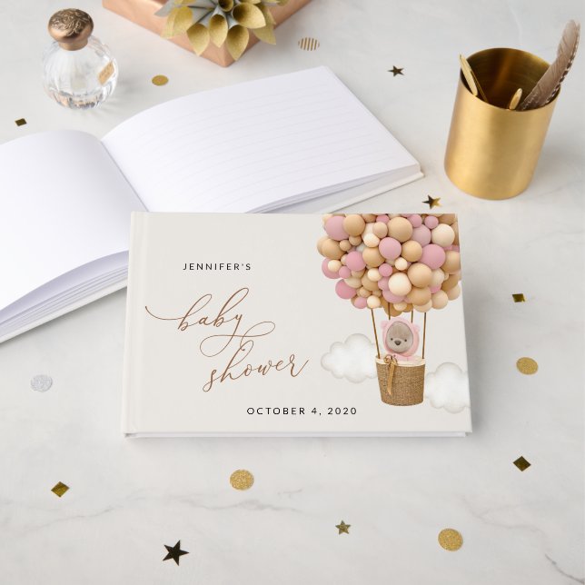 Bear, Pink Balloons, Hot Air Balloon, Baby Shower Guest Book (Front Open)