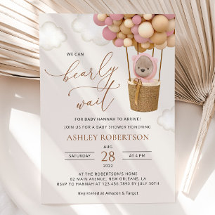 Bear, Pink Balloons, Hot Air Balloon, Baby Shower Invitation