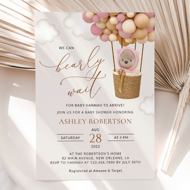 Bear, Pink Balloons, Hot Air Balloon, Baby Shower Invitation (Creator Uploaded)