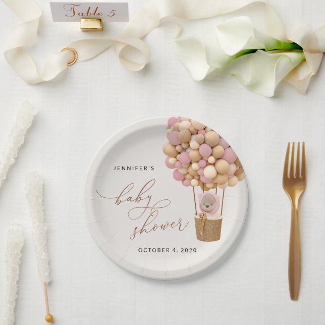 Bear, Pink Balloons, Hot Air Balloon, Baby Shower Paper Plate (Wedding)