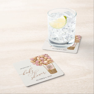 Bear, Pink Balloons, Hot Air Balloon, Baby Shower Square Paper Coaster