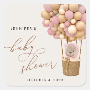 Bear, Pink Balloons, Hot Air Balloon, Baby Shower Square Sticker