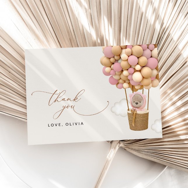 Bear, Pink Balloons, Hot Air Balloon, Baby Shower Thank You Card (Creator Uploaded)