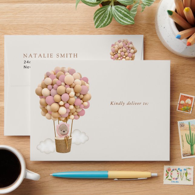 Bear, Pink Balloons, Hot Air Balloon, Birthday Envelope (Desk)