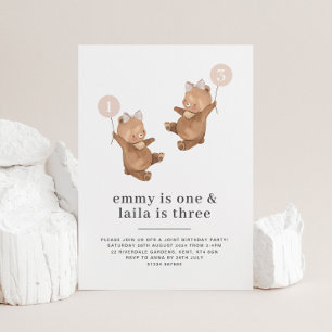 Bear Pink Bow - Joint 1st and 3rd Birthday Invitation