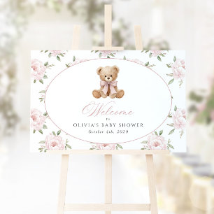 Bear, Pink Bow, Pink Flowers, Baby Shower Welcome Poster