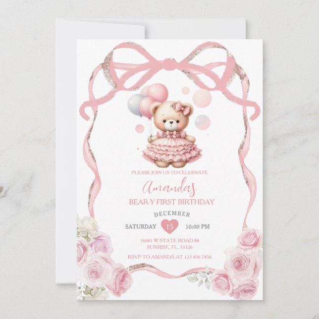 Bear Pink Bow Ribbon  First Birthday  Invitation (Front)