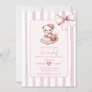 Bear Pink Cute Ribbon First Birthday  Invitation