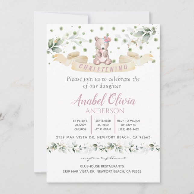 Bear Pink Floral Greenery Baptism Girl  Invitation (Front)