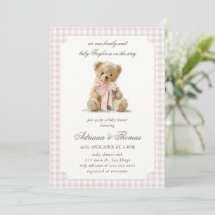 Bear Pink Gingham Girl Baby Shower Invitation