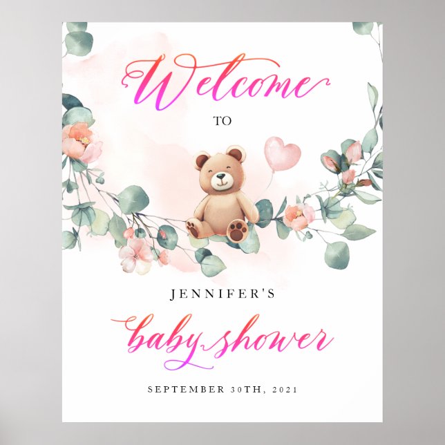Bear Pink Girl Baby Shower Welcome Sign (Front)