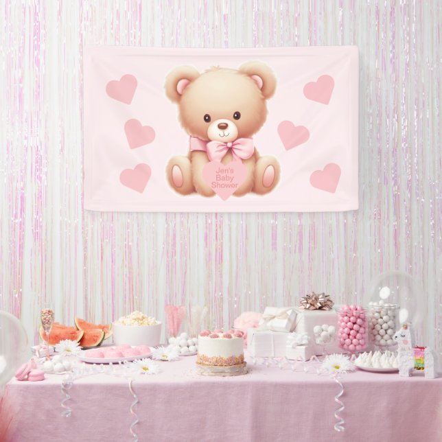 Bear Pink Hearts Baby Shower Banner (Party)