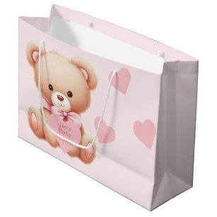 Bear Pink Hearts Baby Shower Large Gift Bag