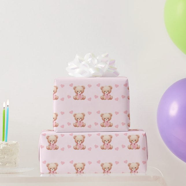 Bear Pink Hearts Baby Shower Wrapping Paper (Party Gifts)