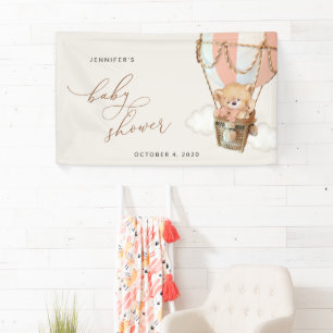 Bear, Pink Hot Air Balloon, Baby Shower Welcome Banner