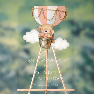 Bear, Pink Hot Air Balloon, First Birthday Welcome Acrylic Sign