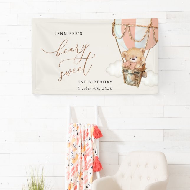 Bear, Pink Hot Air Balloon, First Birthday Welcome Banner (Insitu)
