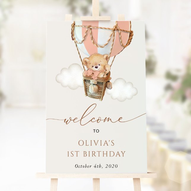 Bear, Pink Hot Air Balloon, First Birthday Welcome Poster (Creator Uploaded)