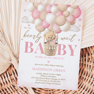 Bear Pink Hot Air Balloon Girl Baby Shower Invitation