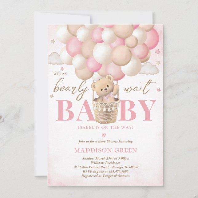 Bear Pink Hot Air Balloon Girl Baby Shower Invitation (Front)