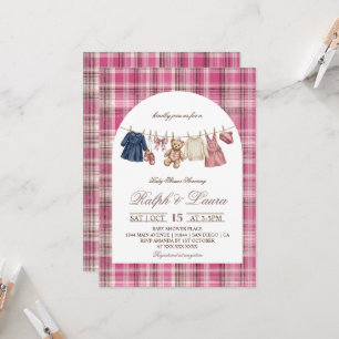 Bear Pink Plaid Old Money Baby Shower Invitation