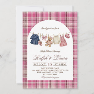 Bear Pink Plaid Vintage Luxury Baby Shower Invitation