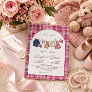 Bear Pink Plaid Vintage Luxury Baby Shower Invitation