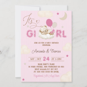 Bear Pink Preppy Girl Baby Shower Invitation