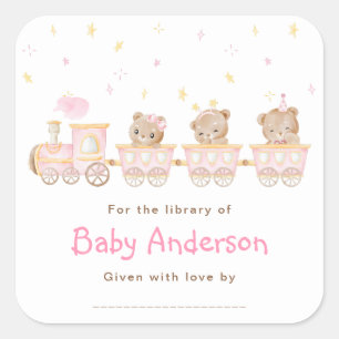 Bear Pink Train Baby Shower Bookplate Square Sticker