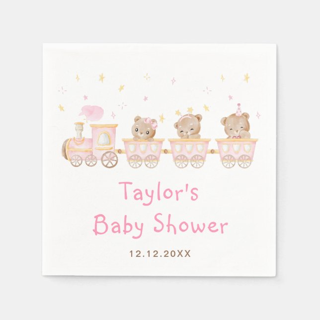 Bear Pink Train Baby Shower Napkin (Front)