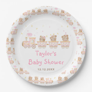 Bear Pink Train Baby Shower Paper Plate