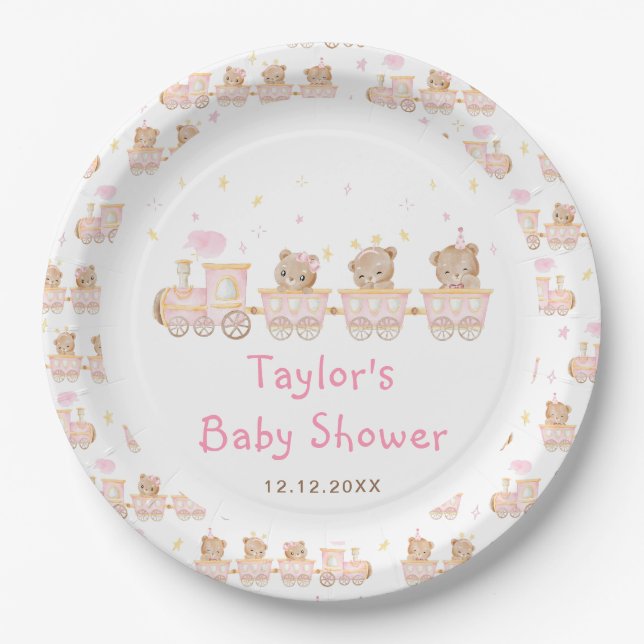 Bear Pink Train Baby Shower Paper Plate (Front)