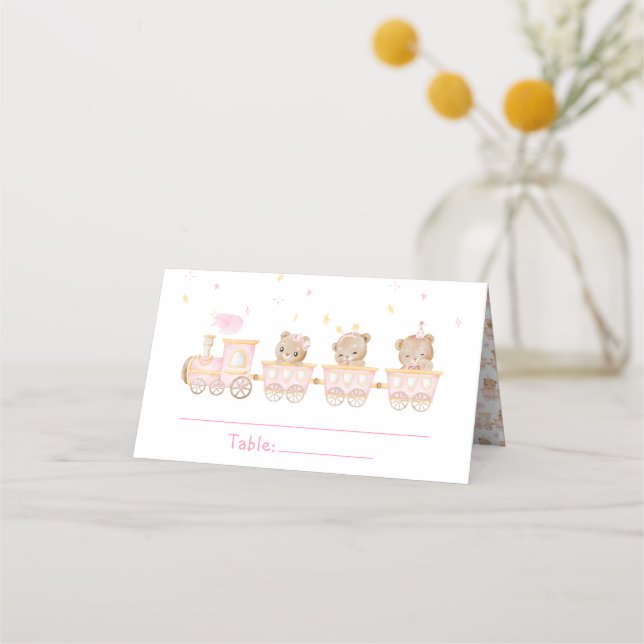 Bear Pink Train Baby Shower Table Number Place Card (Front)