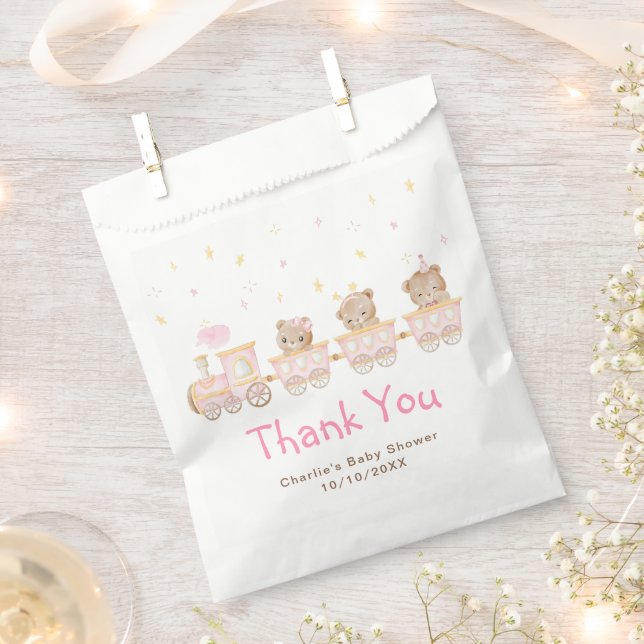 Bear Pink Train Baby Shower Thank You Favour Bags (Clipped)