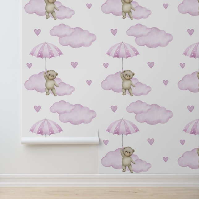 Bear Pink Umbrella Clouds Hearts Baby Girl Nursery Wallpaper (Application)