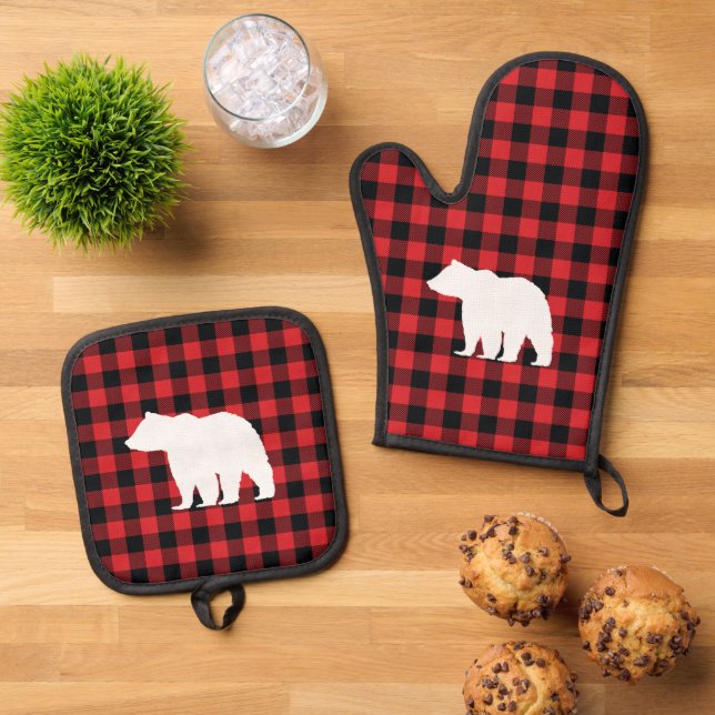 Bear Plaid Check Mountain  Oven Mitt & Pot Holder Set (Top Down)