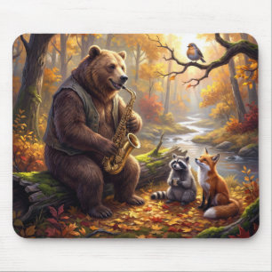 Bear Playing a Saxophone in Autumn Forest Mouse Mat