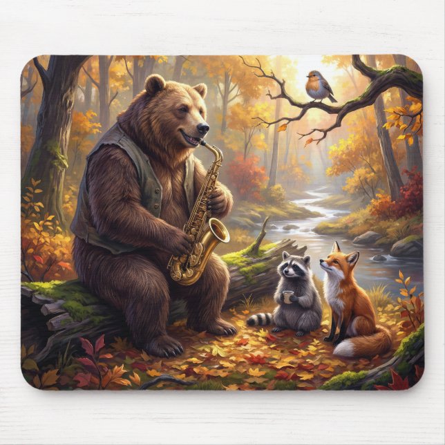 Bear Playing a Saxophone in Autumn Forest Mouse Mat (Front)