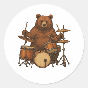 Bear Playing Drums  Classic Round Sticker