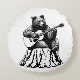 Bear Playing Guitar Round Throw Pillow